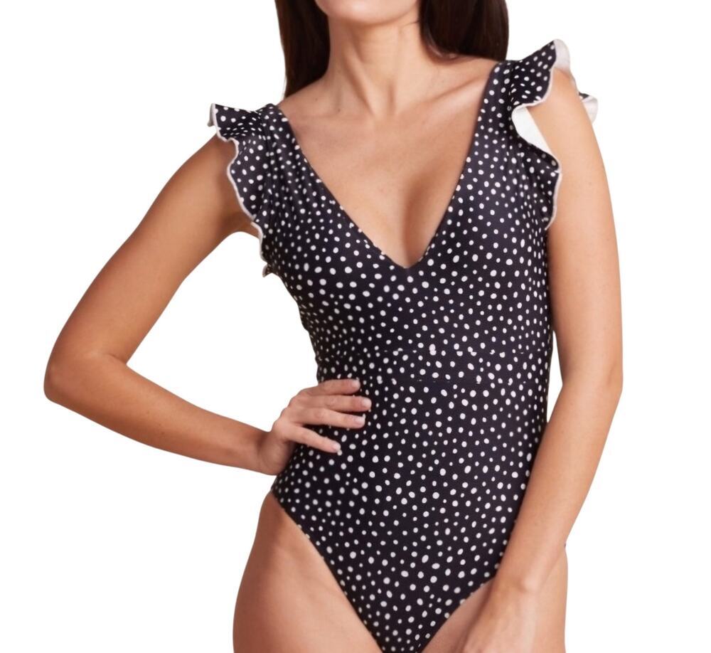 Women's Summersalt The Ruffle Backflip Black White Polka Dot 1-Piece Swimsuit 6